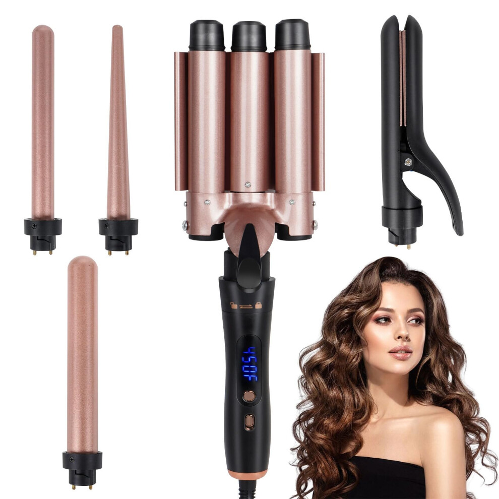 5 in 1 Hair Styling Tool Set with Interchangeable Barrels, Digital Curling Iron, Rose Gold