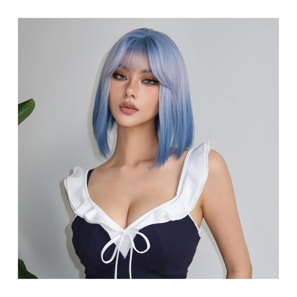 Unisex Blue Bob Wig 14Inch Heat Resistant Synthetic Hair With Bangs For Cosplay And Daily Wear