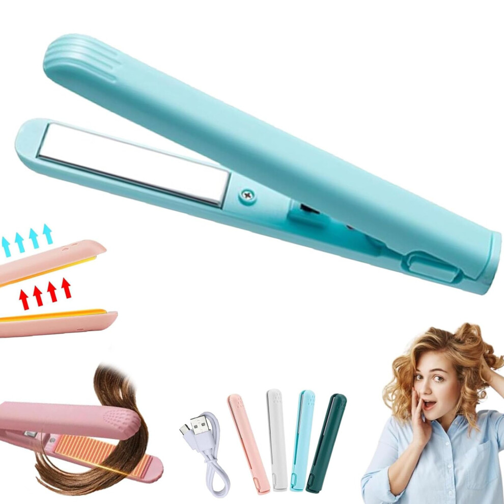 Blue Mini Curling Iron And Portable Hair Straightener, Usb Rechargeable 2In1 Ceramic Styler For Short Hair