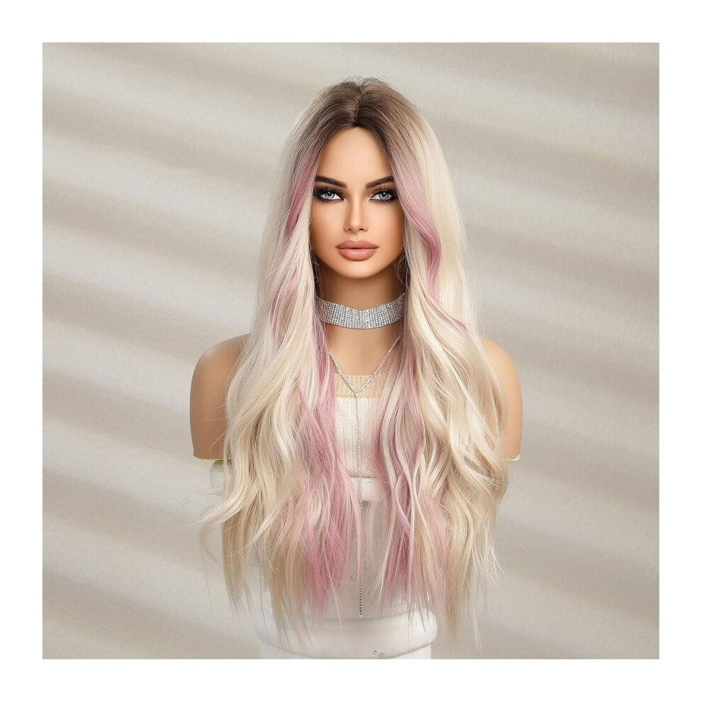 Unisex Pink,Brown Long Wavy Synthetic Wig With Bangs Brown Pink Blonde Heat Resistant Fiber Natural Look For Women