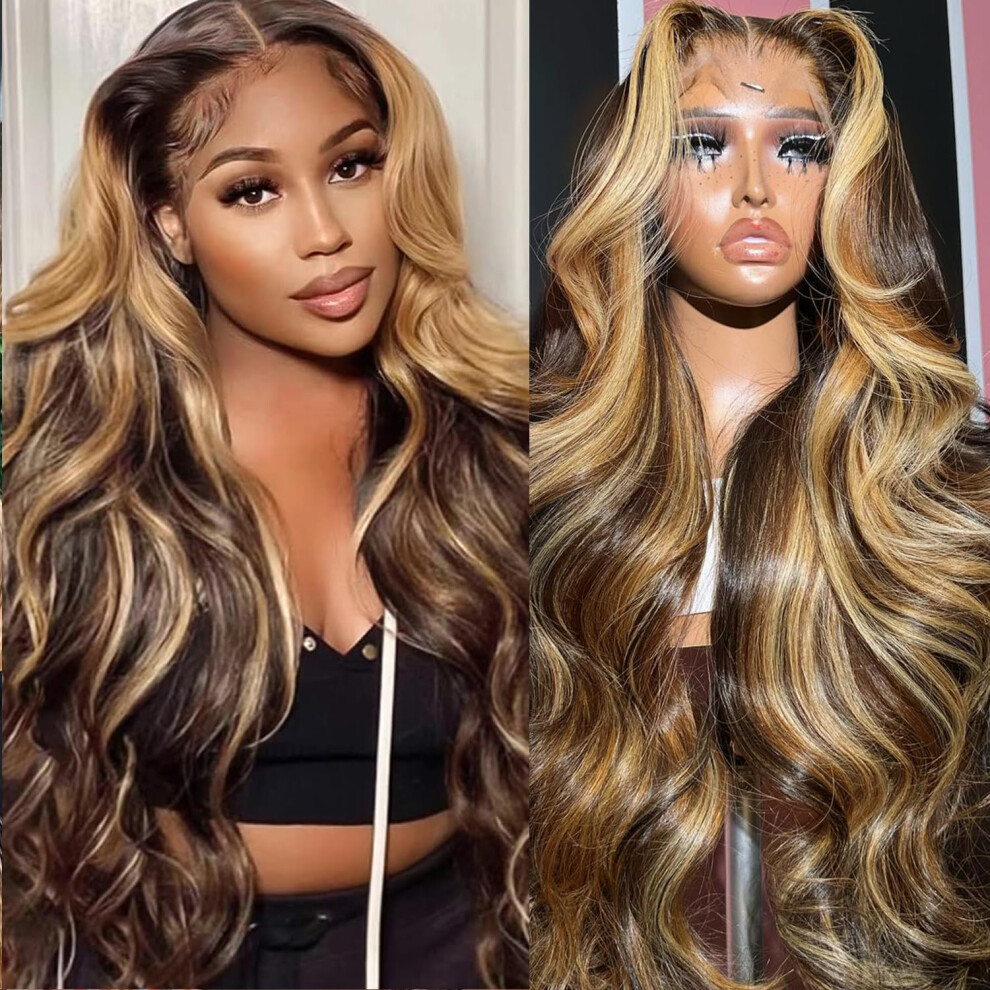 Unisex 30 Inch Honey Blonde Highlight Human Hair Lace Front Wig 13X6 Body Wave 180% Density Natural Hairline
