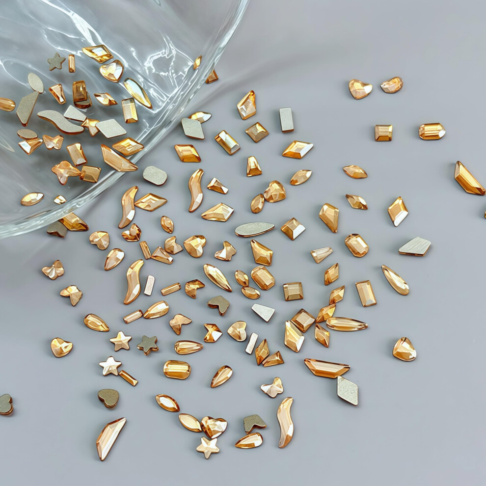 Gold 100Pcs Champagne Star And Heart Nail Art Rhinestones, 3D Crystal Multishape Charms