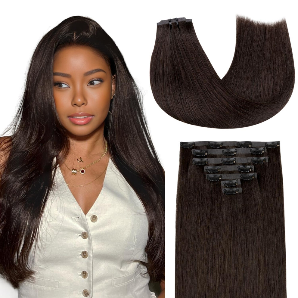 22 Inch Dark Brown Seamless Clip in Hair Extensions 100% Remy Human Hair with Secure NonSlip Clips