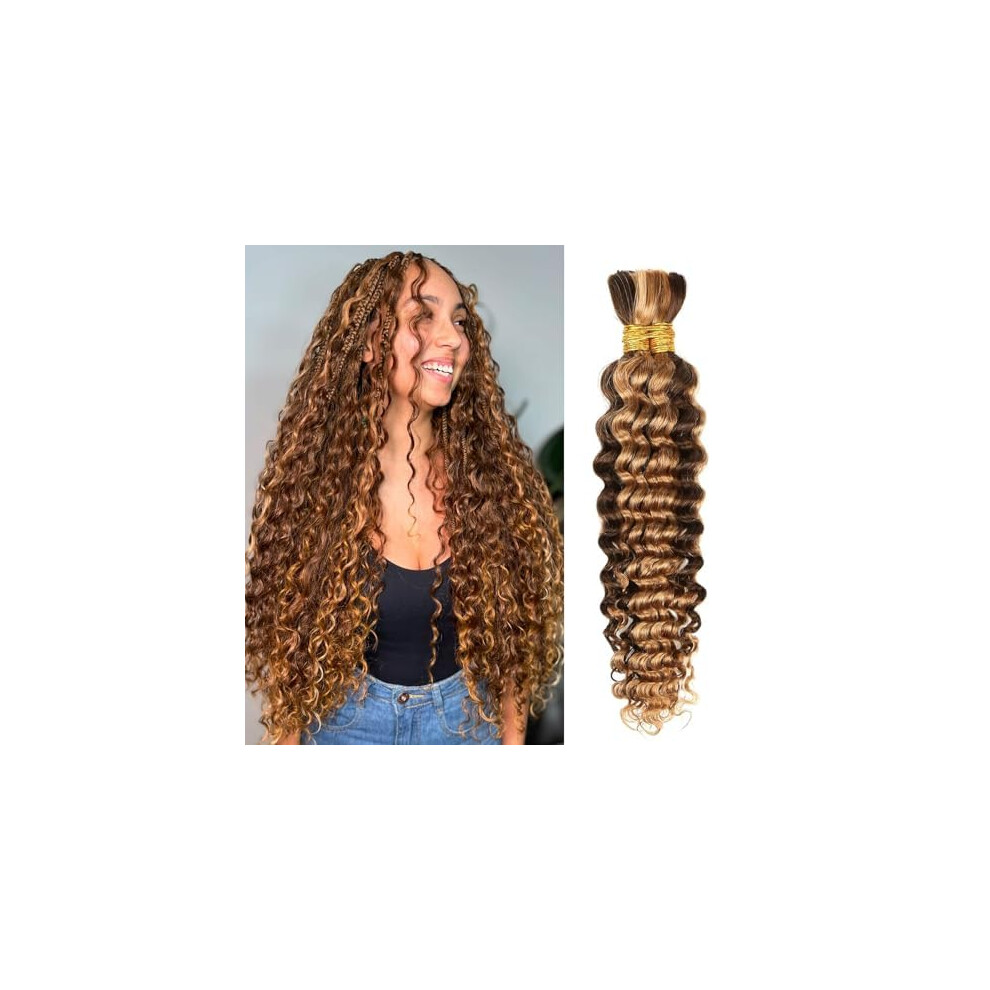 Human Braiding Hair 16 Inch Ombre Highlight Deep Wave Bulk Extensions for Boho Knotless Braids