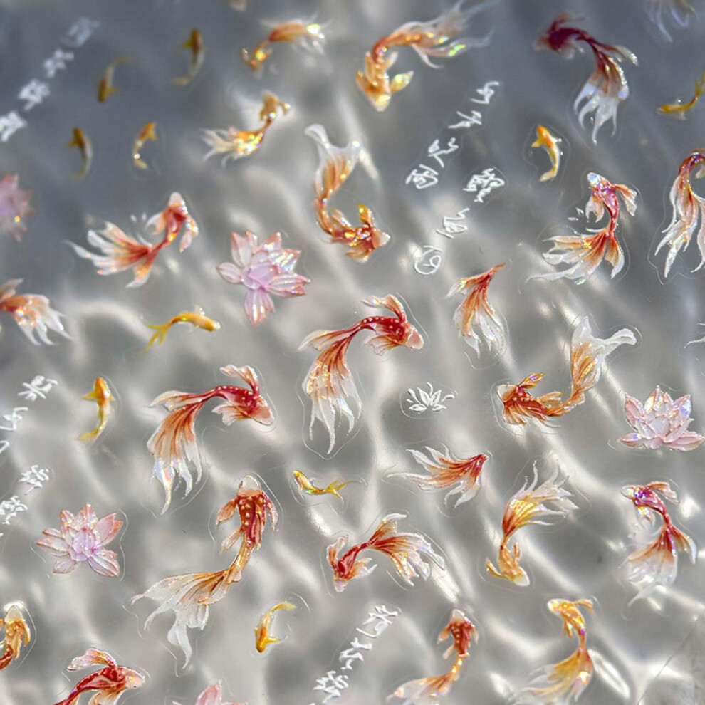 Light 5D Koi Fish Nail Art Stickers With Lotus And Shell Effect, Self Adhesive Goldfish Nail Decals