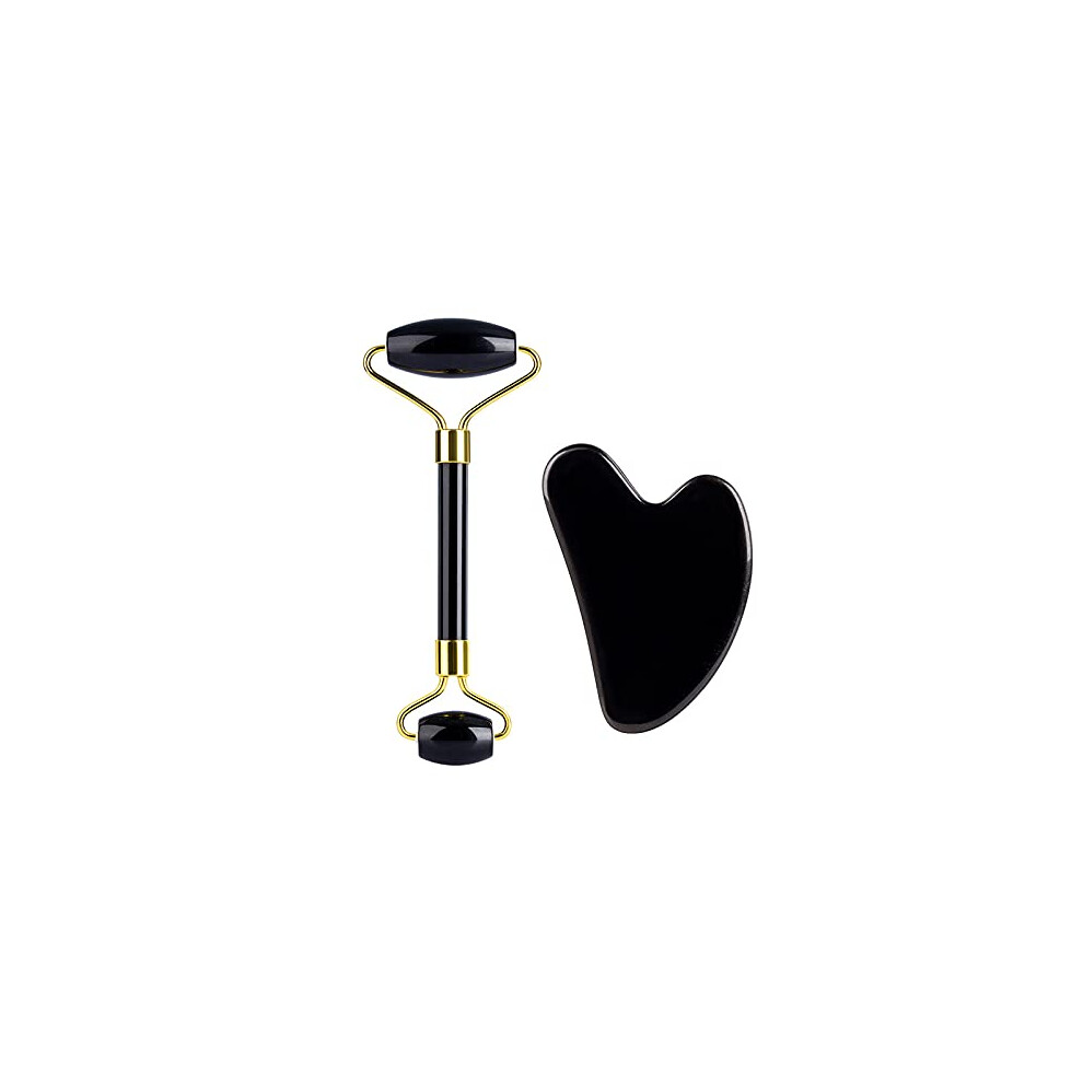 Dual Ended Obsidian Jade Roller and Gua Sha Set for Face and Full Body Massage