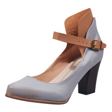Women Block Heel Sandals Pointed Toe Backless Grey Heels with Cushioned Support for Summer