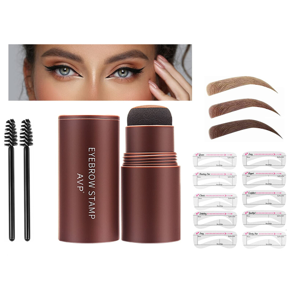 Brown Waterproof Eyebrow Stamp And Stencil Kit With 10 Reusable Shapes And 2 Brushes, Natural