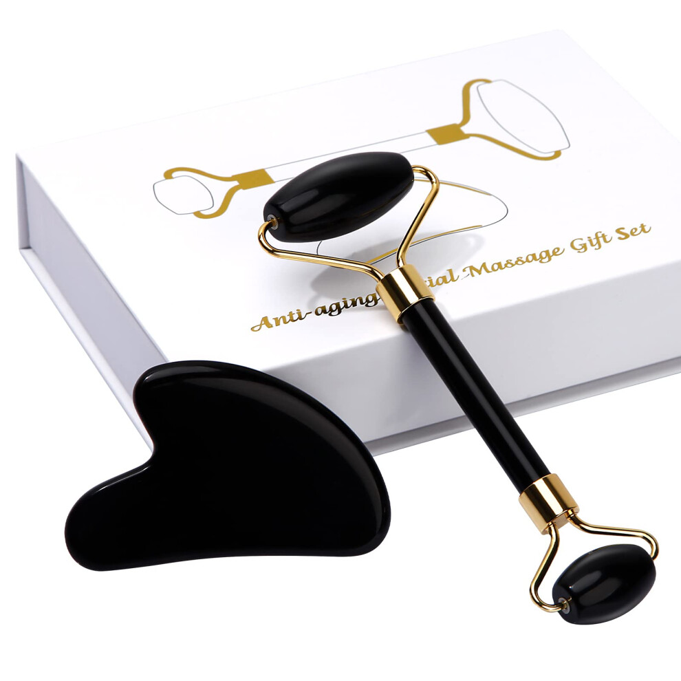 Jade Roller and Gua Sha Set with Gift Case for Facial Massage, Contouring and AntiAging