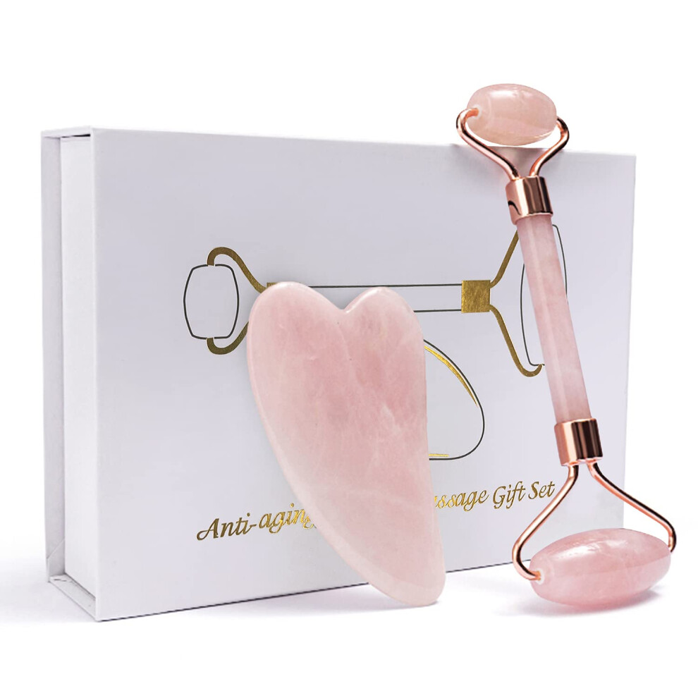 Pink Rose Quartz Jade Roller And Gua Sha Set For Face And Neck, Reduce Puffiness And Wrinkles