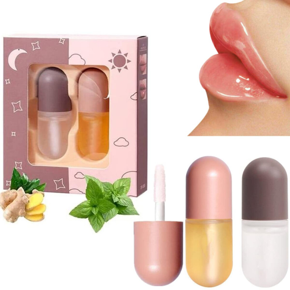 Lip Plumper Set with Hydrating Collagen Serum, Natural Ginger Mint Day Night Formula for Fuller Lips