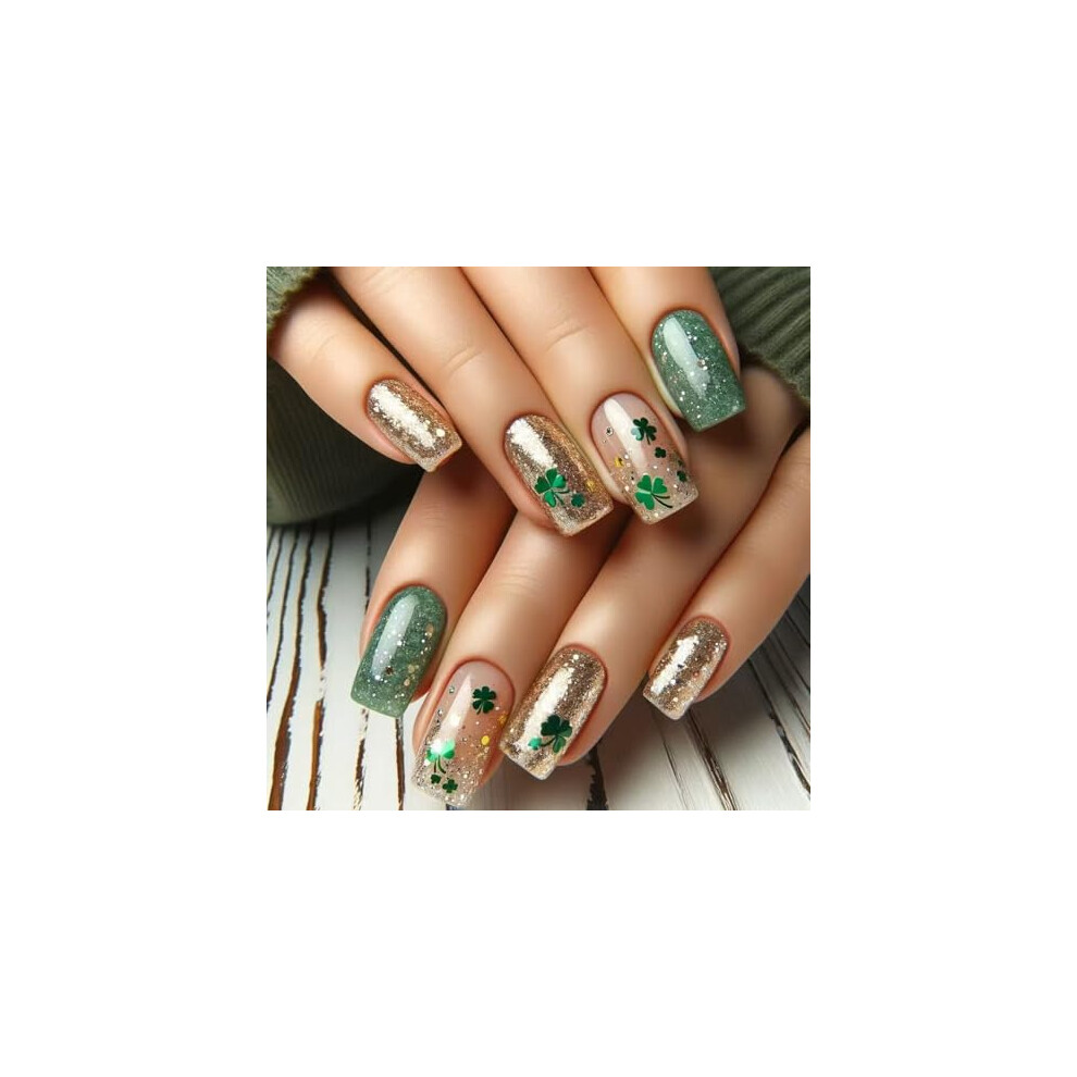 Green,Gold St. Patrick's Day Press On Nails Green And Gold Glitter Fake Nails With Shamrock Designs 24Pcs