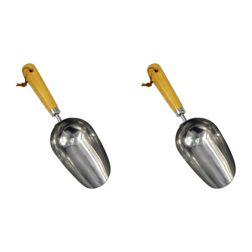2Pcs Durable Stainless Steel Garden Scoop Tool with Wood Handle Silver 1