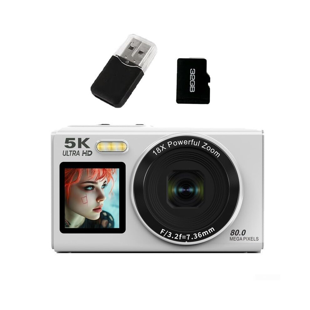 Dual Screen Digital Camera 5K Ultra Hd With 18X Zoom 80Mp Wifi For Vlogging Photography 32Gb White 9094768569856