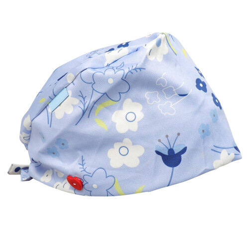 Button Printed Cotton Work Caps for Protection Blue White Floral 2