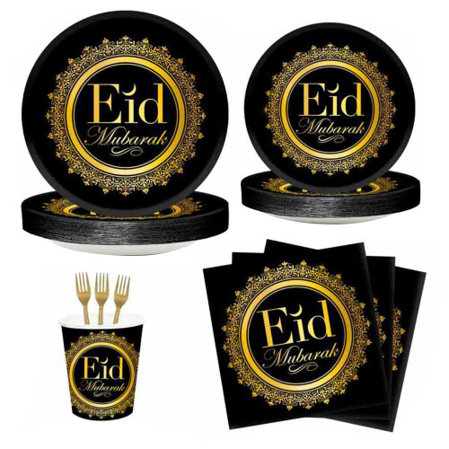Κομψό μαύρο και χρυσό σχέδιο για πάρτι Eid, αδιάβροχο υλικό PET μίας χρήσης σετ 1