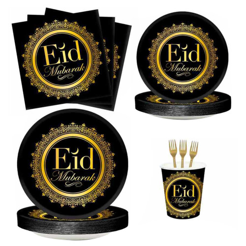 Κομψό μαύρο και χρυσό σχέδιο για πάρτι Eid, αδιάβροχο υλικό PET μίας χρήσης σετ 2