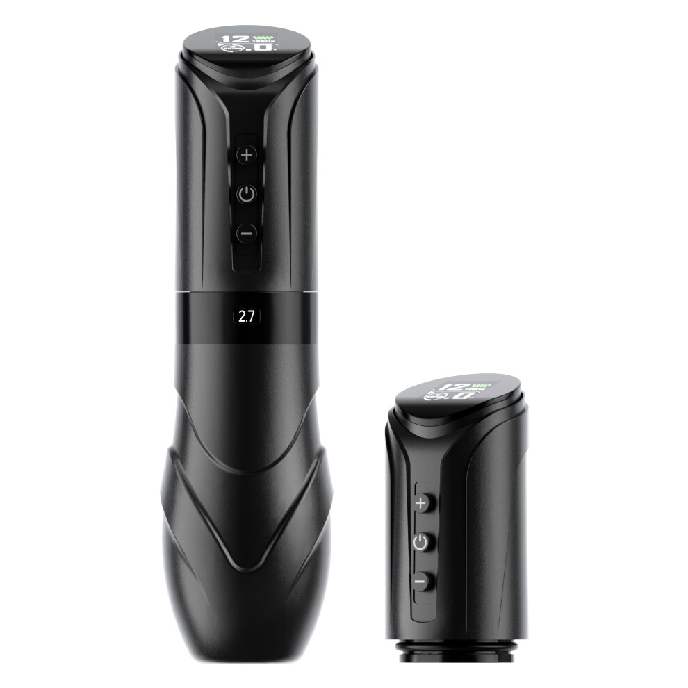 Black Wireless Rotary Tattoo Pen With Adjustable Stroke, Lcd Display, Extra Battery And Low Vibration Motor