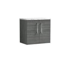 Balterley Level 600mm Wall Hung 2 Door Vanity Unit with Laminate Worktop for Modern Bathroom Storage - Anthracite Woodgrain