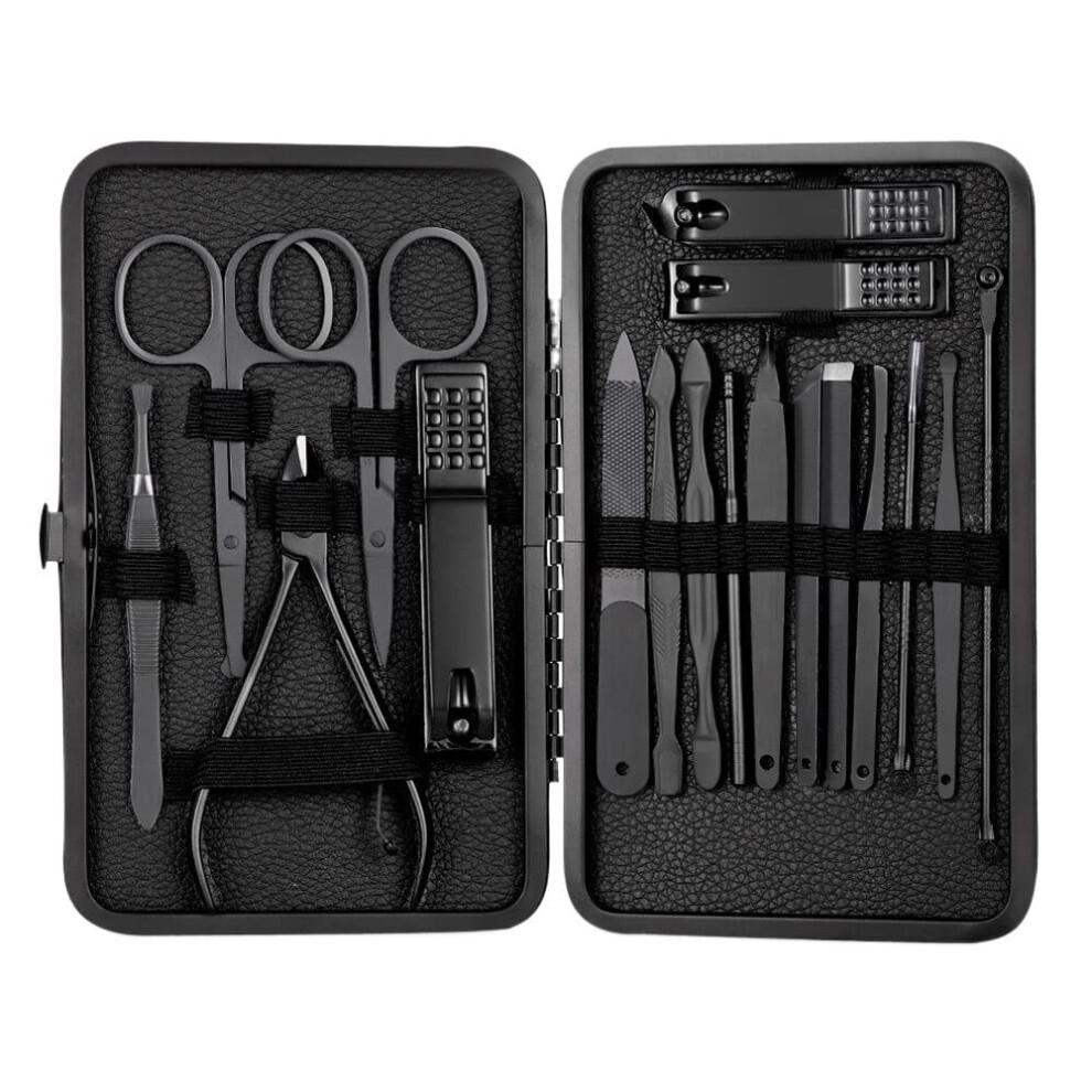 Black Manicure Pedicure Set 18Pcs Stainless Steel Nail Clipper Kit With Sharp Waterproof Clippers And Leather Case