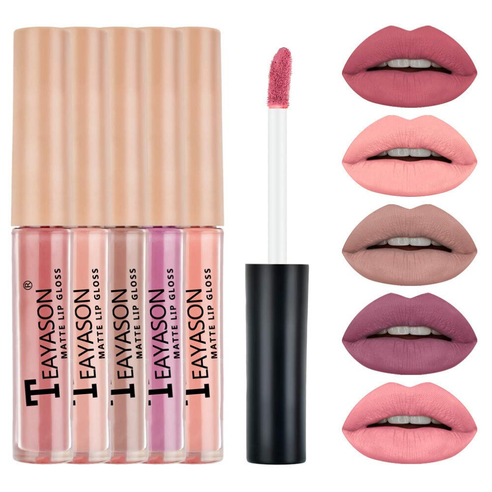Cream Matte Liquid Lipstick Set 5 Colors Nude Waterproof Longlasting Pigmented Nonstick Cup