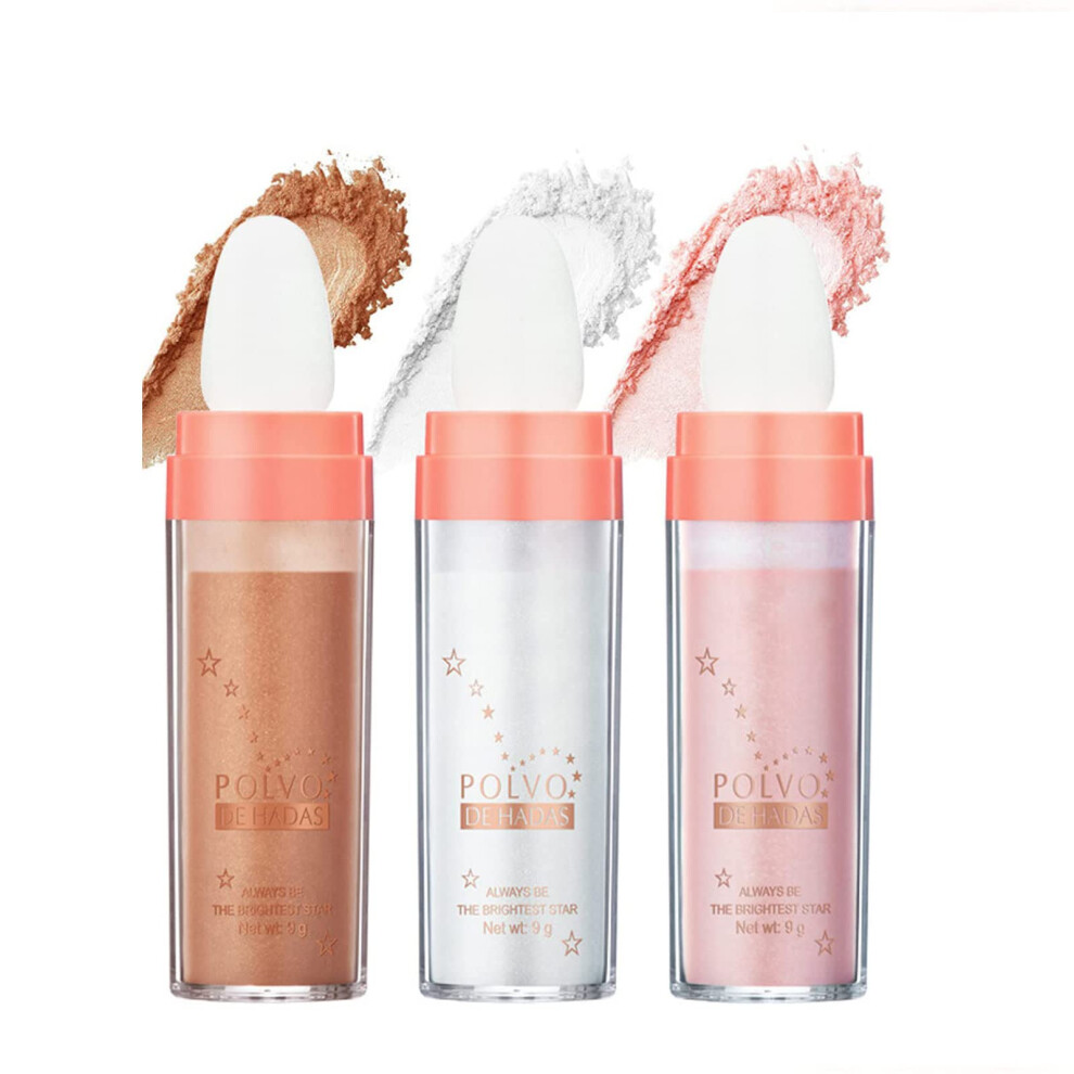 Body Highlighter Powder Stick with Sponge Applicator, Waterproof Face and Body Glitter, Tricolor