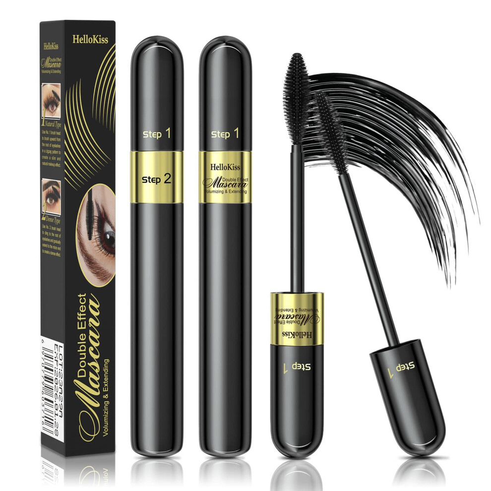 4D Silk Fiber Waterproof Mascara 2 Pack â 5x Longer Lashes, Volumizing Deep Black Formula