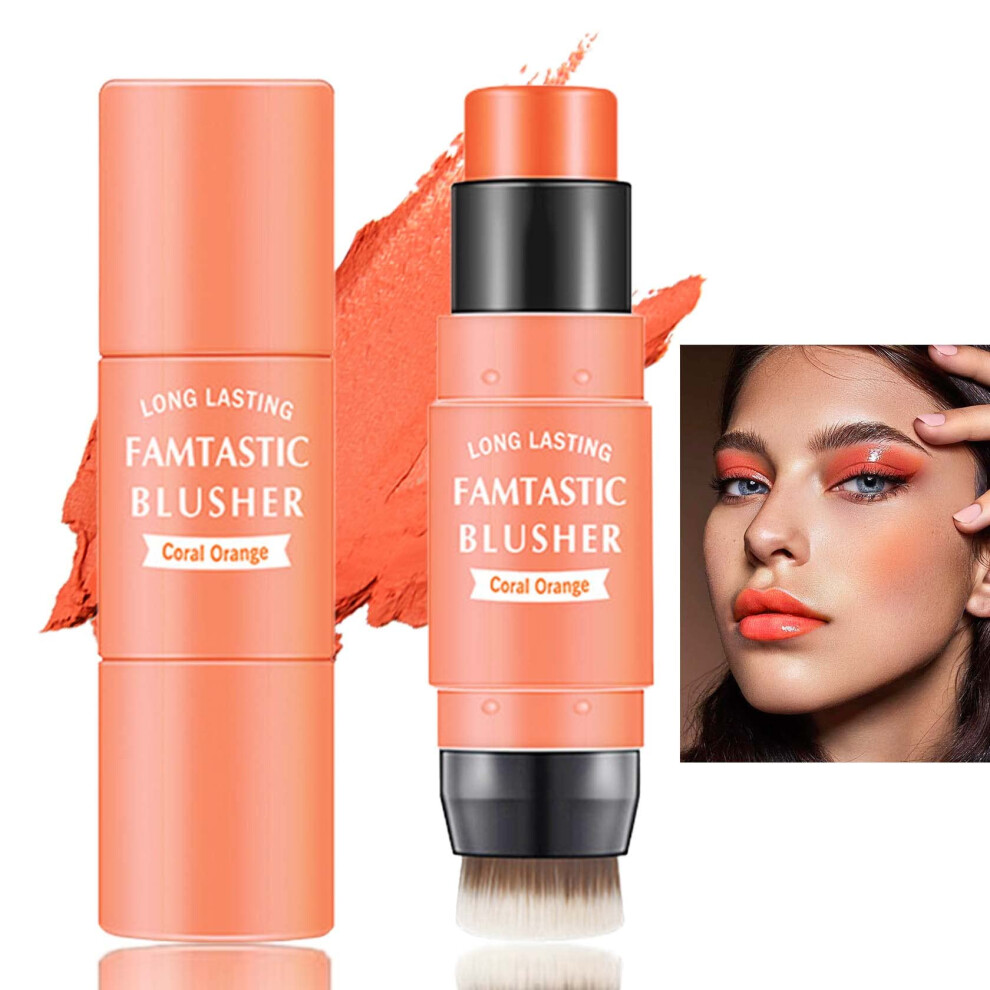 Cream/Pink Blush Stick With Brush, 3 In 1 Longlasting Waterproof Cheek And Lip Tint For All Skin Tones #03 Citrus