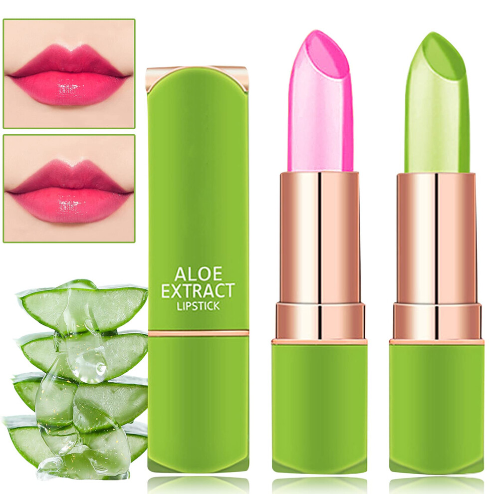 2 PCS Color Changing Lipstick with Aloe Vera Balm, Long Lasting Hydration, Glossy Finish for Women