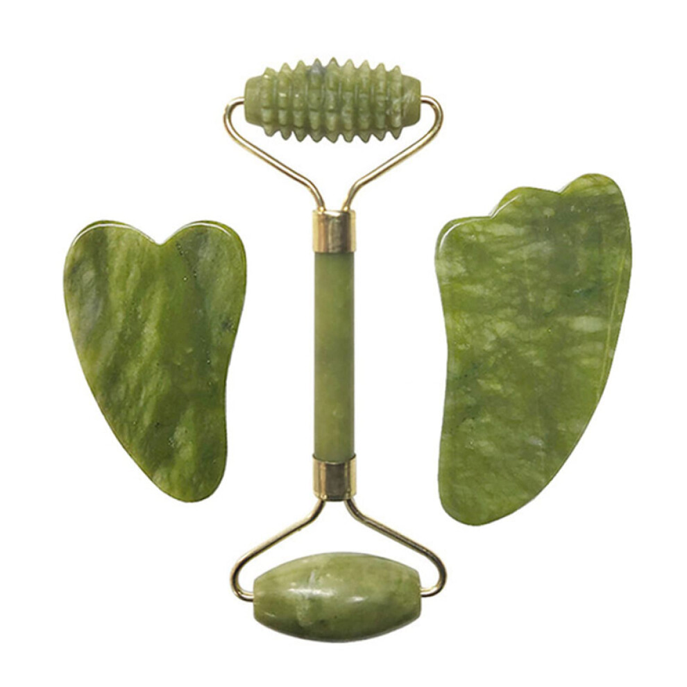 Jade Roller and Gua Sha Set with Dual Roller Heads and Cooling Eye Mask for Facial Therapy