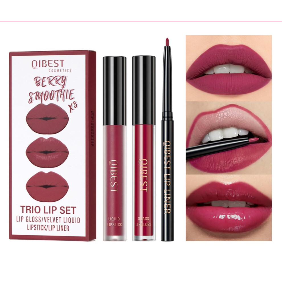 3 in 1 Lip Kit with Matte Velvet Liquid Lipstick, Hydrating Gloss and Creamy Lip Liner Berry Smoothie