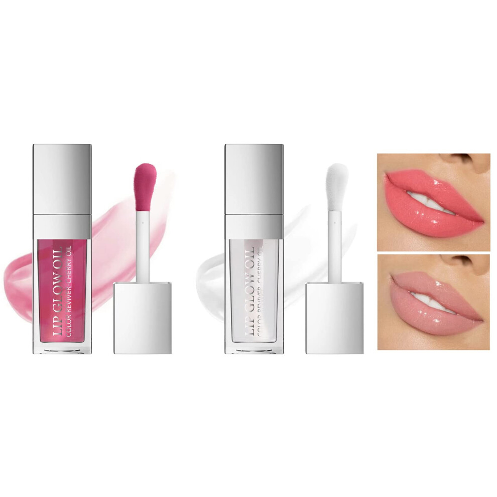 2pcs Lip Oil and Hydrating Lip Gloss, Clear and Tinted, Deep Hydration, Cherry and Transparent