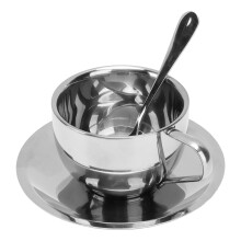Set di Tazze da Caffè in Acciaio Inox da 180ml con Doppia Parete Isolata, Piattino e Cucchiaino