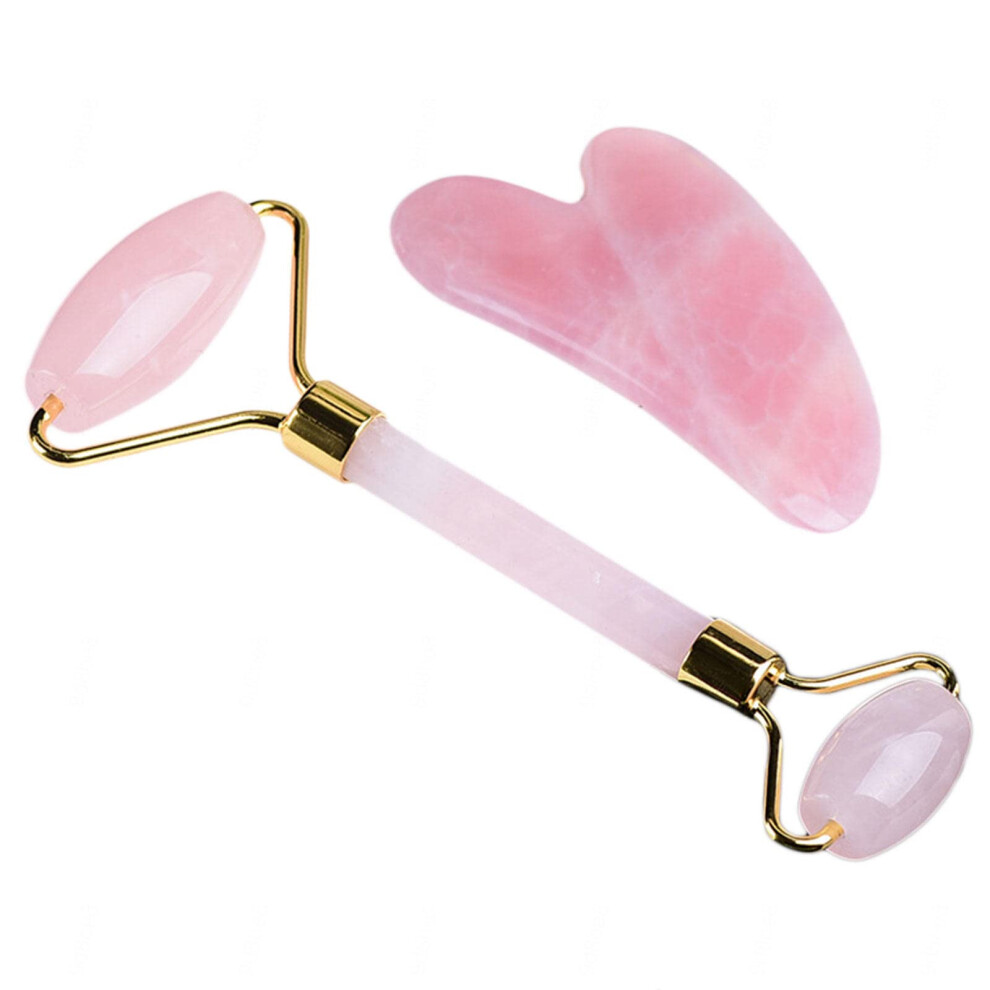 Rose Quartz Jade Roller and Gua Sha Set for Face Massage, DualSize Roller, ContourShaping Tool