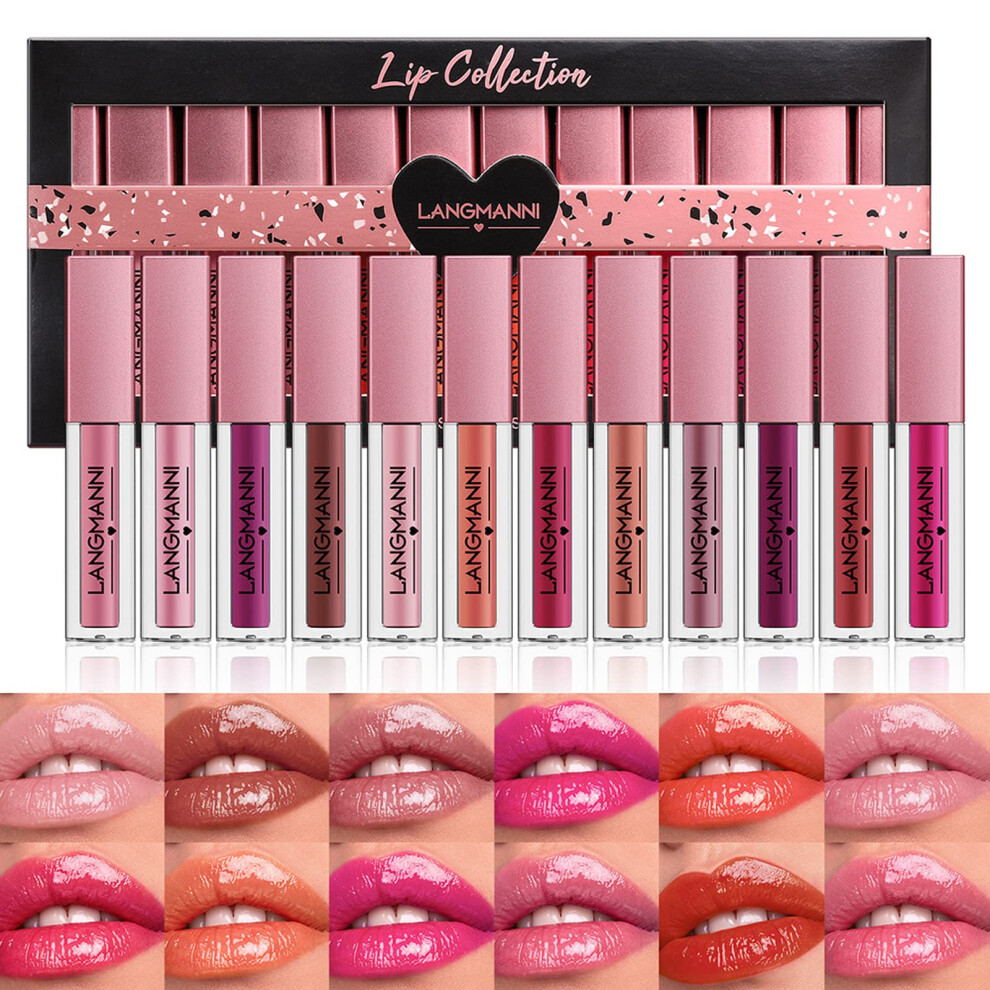 12 Colors Lip Gloss and Liquid Lipstick Set, Moisturizing Plumping Shine for Dry Lips