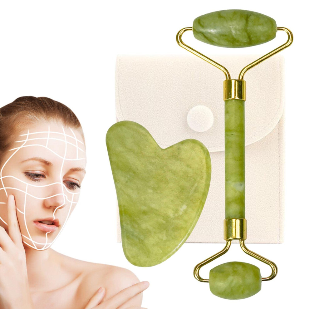 Green Jade Roller And Gua Sha Set For Face And Neck Depuffing Massage, Dualend Design,