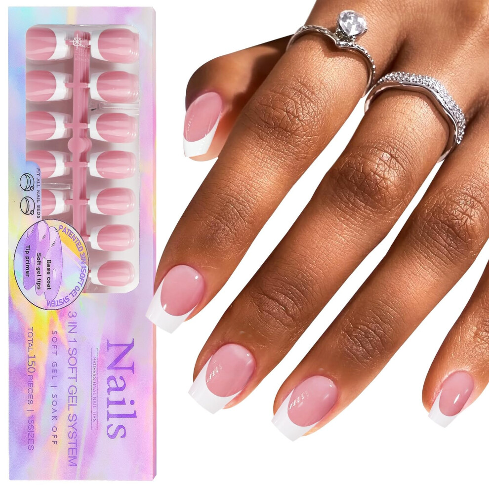 Pink French Tip Press On Nails 150Pcs Short Square Gel Nail Tips With Preapplied Base Coat