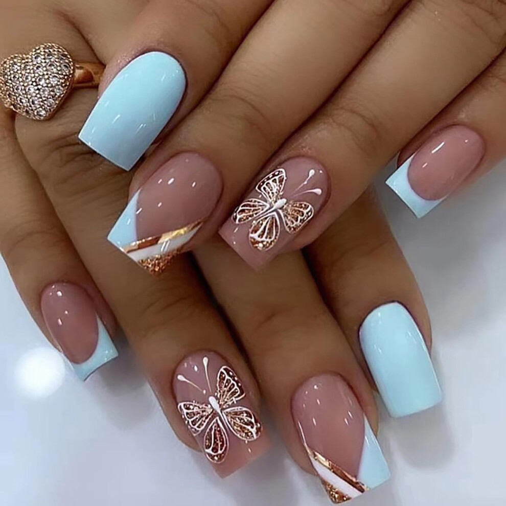 Coffin Press on Nails with Butterfly Design, 24Pcs Medium Square French Fake Nails for Women