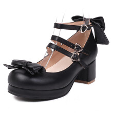 Girls Mary Jane Dress Shoes with Bow Block Heel Round Toe Strappy Black Size 4 UK
