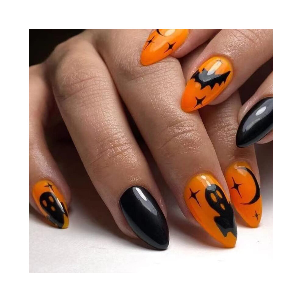 Black Short Almond Press On Nails Halloween Fake Nails For Women With Pumpkin Ghost Design