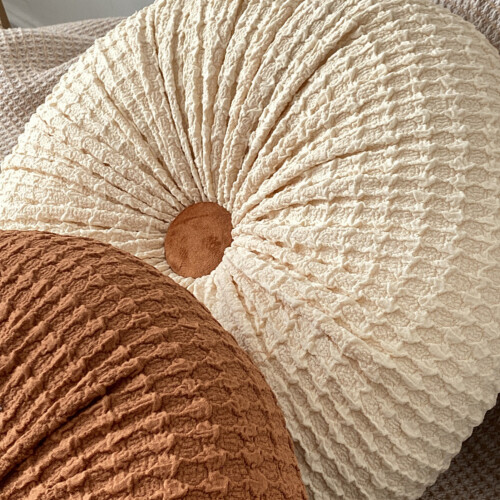 (Coffee) Decorative Round Pleated Throw Pillows with Center Button, Solid Floor Cushion for Sofa Couch Bed 2