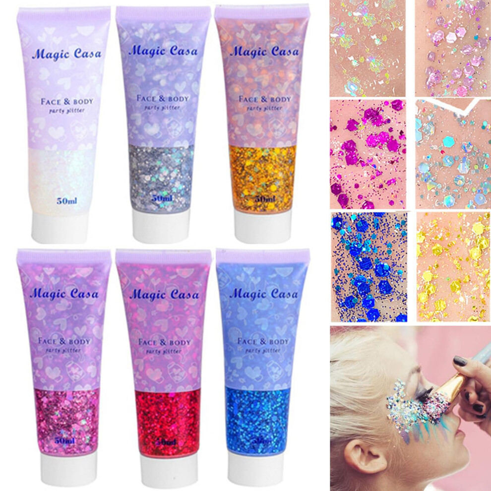 Body Glitter Gel Set 6 Colors, Holographic Rainbow Effect for Face Hair Festivals, No Glue Needed, 50ml