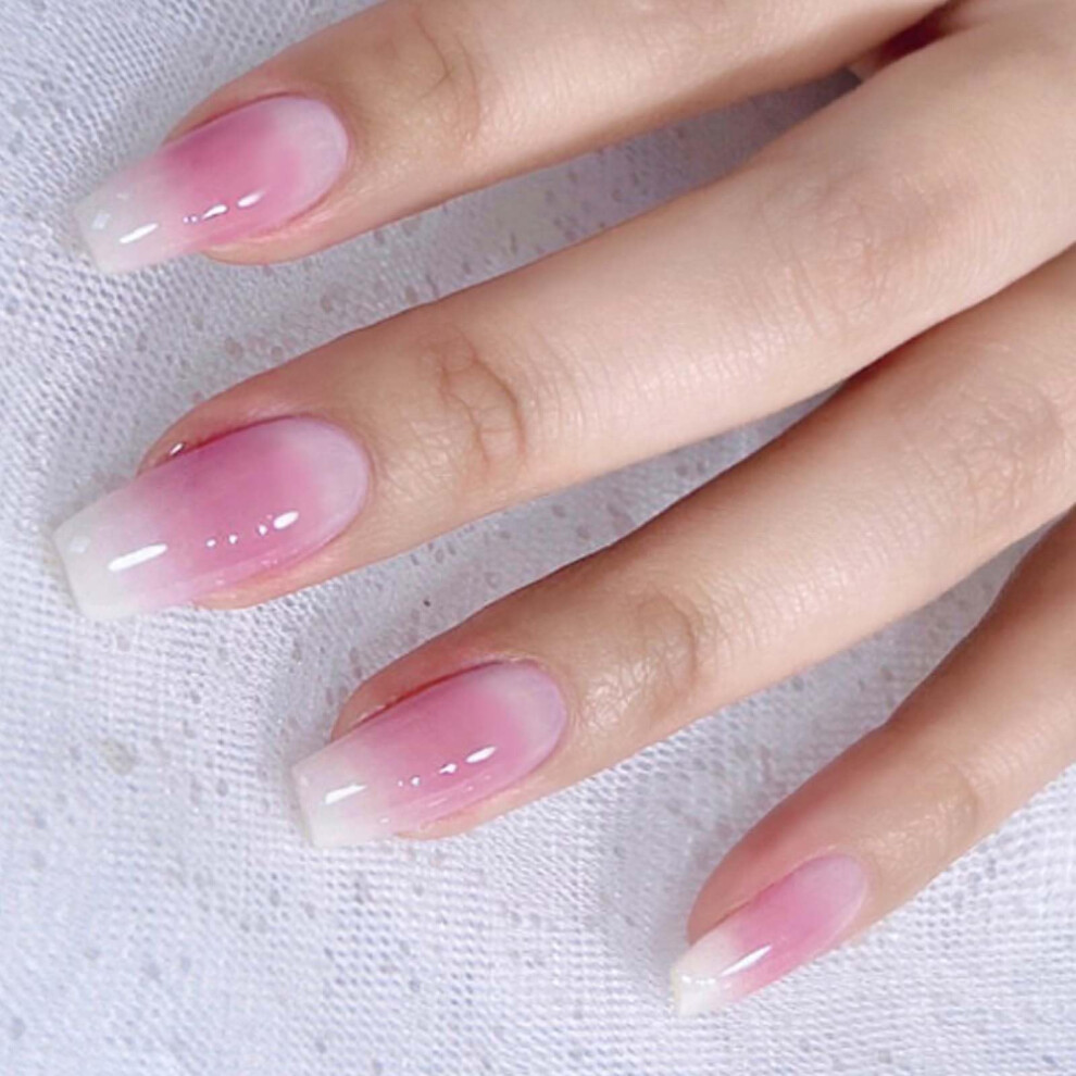 Pink Coffin Press On Nails Gradient Medium Full Cover Acrylic False Nail Set 24Pcs Reusable