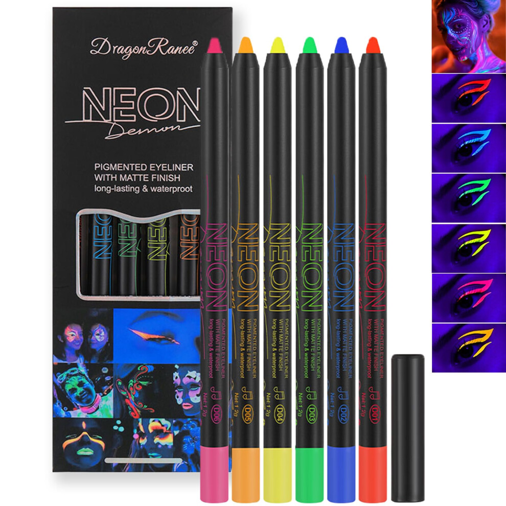 Neon Eyeliner Set 6 Colors Waterproof UV Glow Gel with Matte Pigments for Rave and Halloween Makeup