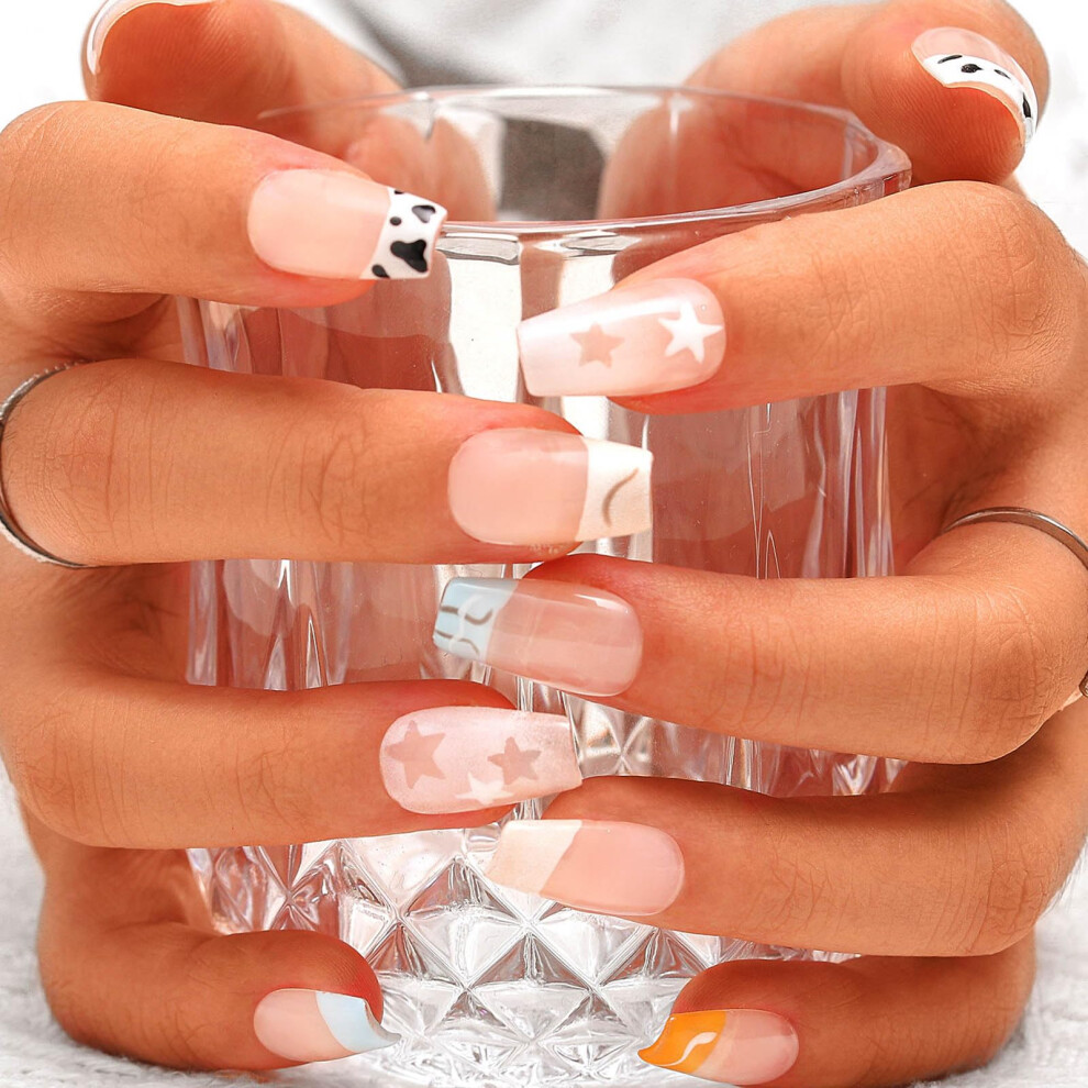 Cream Medium Coffin Press On Nails Set, French Handmade Acrylic False Nails With Glossy Nude Salon Finish
