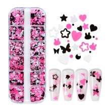 12Grid Nail Art Sequins Set with Pink and Black Glitter Flakes Shimmery 3D Decorations