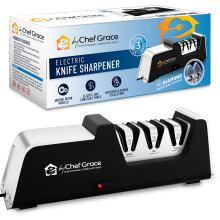 Three Stage Diamond Electric Knife Sharpener with 100% Diamond Abrasives. 15? Precision Angle Guides with 350 Grit, 600 Grit and 1000 grit for a