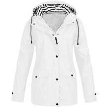 Women Solid Rain Jacket Outdoor Plus Size Waterproof Hooded Raincoat Windproof