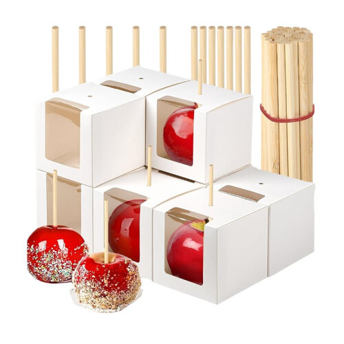 Pacote com 30 Caixas de Maçãs Doces com Palitos, Caixa de Presente de Maçã Caramelizada  de 4x4x4 Polegadas com Janela Transparente para o Natal