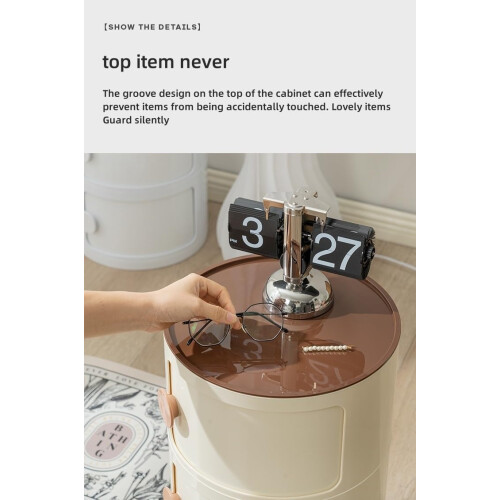 Round Bedside Table with Sliding Door, 4Tier MultiLayer Bedside Storage Cabinet, Beige 1
